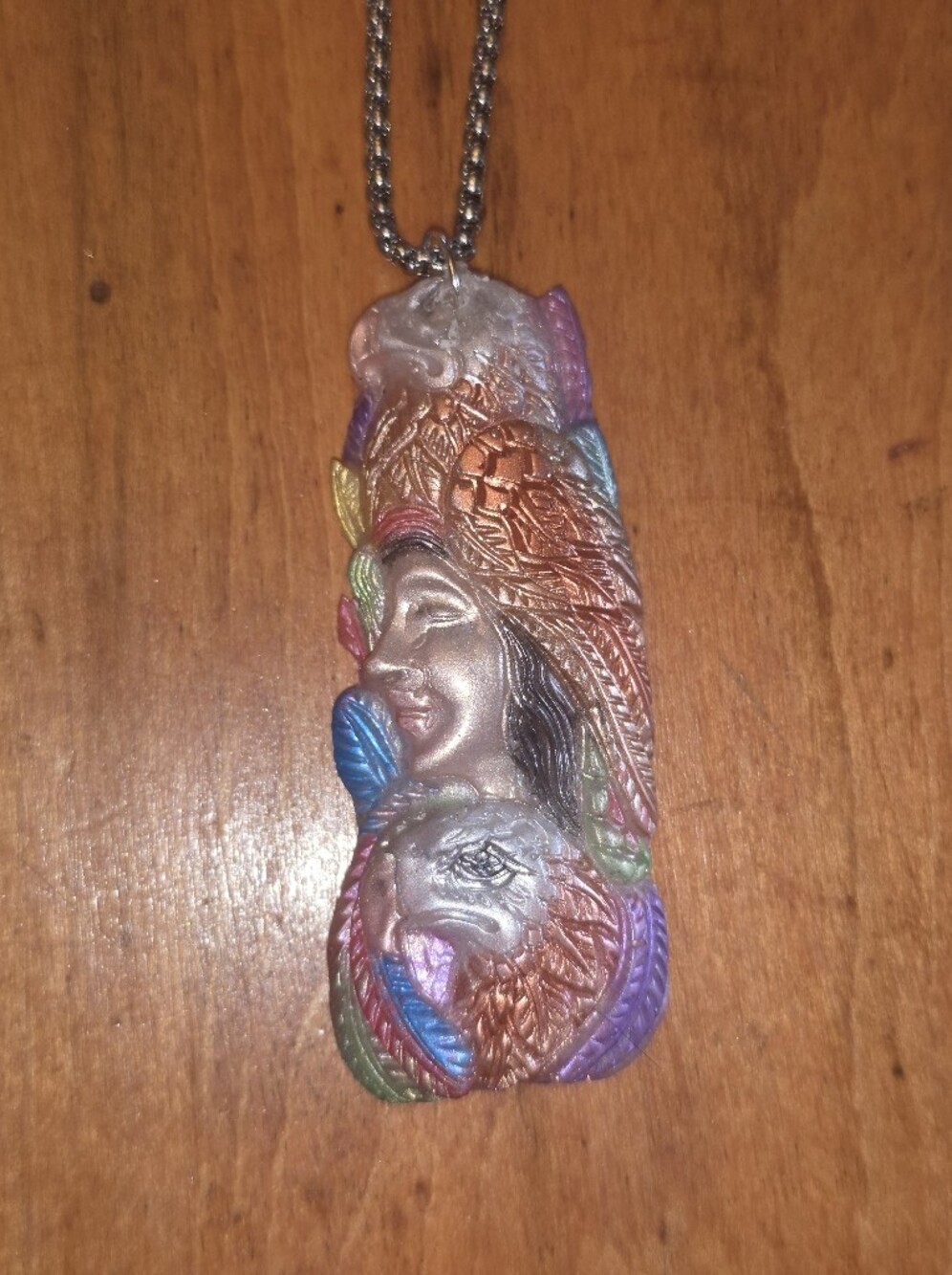 Handcrafted Resin Pendant with Setailed face & feather and eagle motifs Necklace